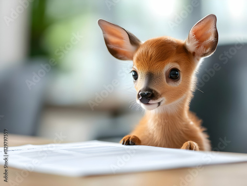 A cute young deer curiously examining documents on a table, showcasing innocence and nature's charm. photo