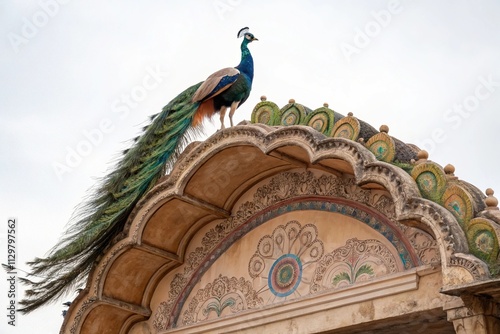 Watercolor painting of a majestic peacock perched on an ornate arch, whimsical style, vibrant hues, arch, nature art photo