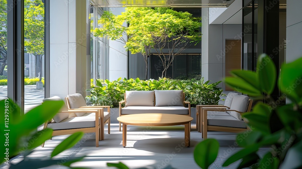 Modern outdoor lounge area with wooden furniture, plants, and sunlight.