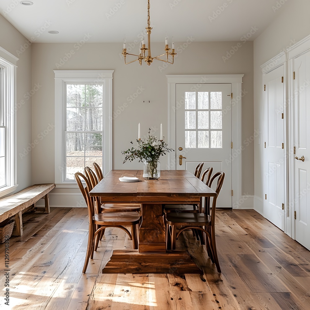 Elegant Dining Room with Wooden Table and Chairs, Featuring a Brass Chandelier, White Cabinets and Large French Doors Overlooking a Scenic Outdoor View. Elegant Dining Room with Wooden Table and Chairs, Featuring a Brass Chandelier, White Cabinets and Large French Doors Overlooking a Scenic Outdoor View.
