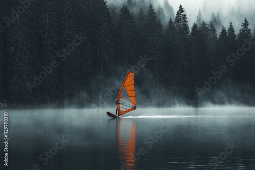 Windsurfer glides across a misty lake, surrounded by a dark forest. photo