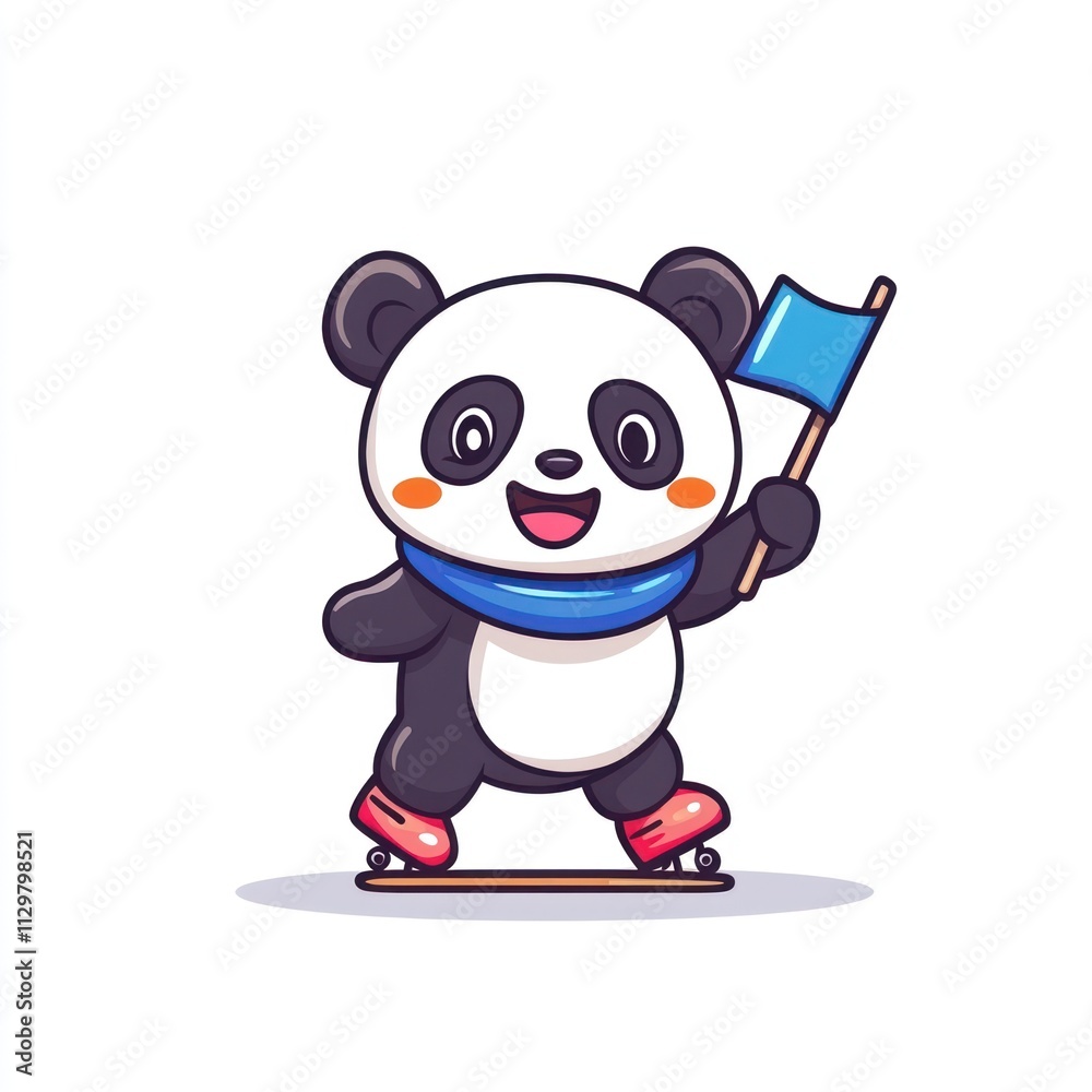 Cute panda ice skating with a flag. Cute panda ice skating with a flag.