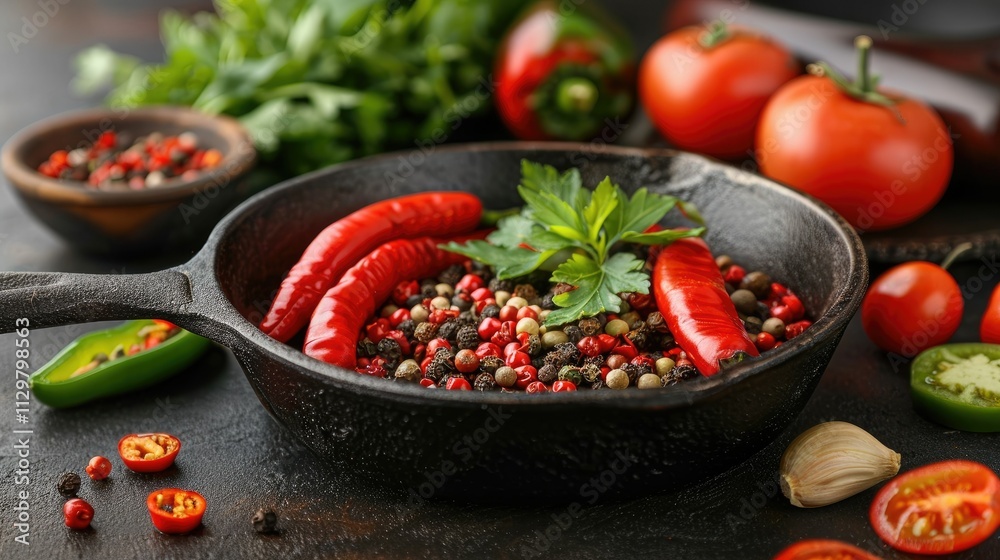 Red chili peppers and peppercorns in cast iron skillet with tomatoes, garlic, and parsley. Red chili peppers and peppercorns in cast iron skillet with tomatoes, garlic, and parsley.