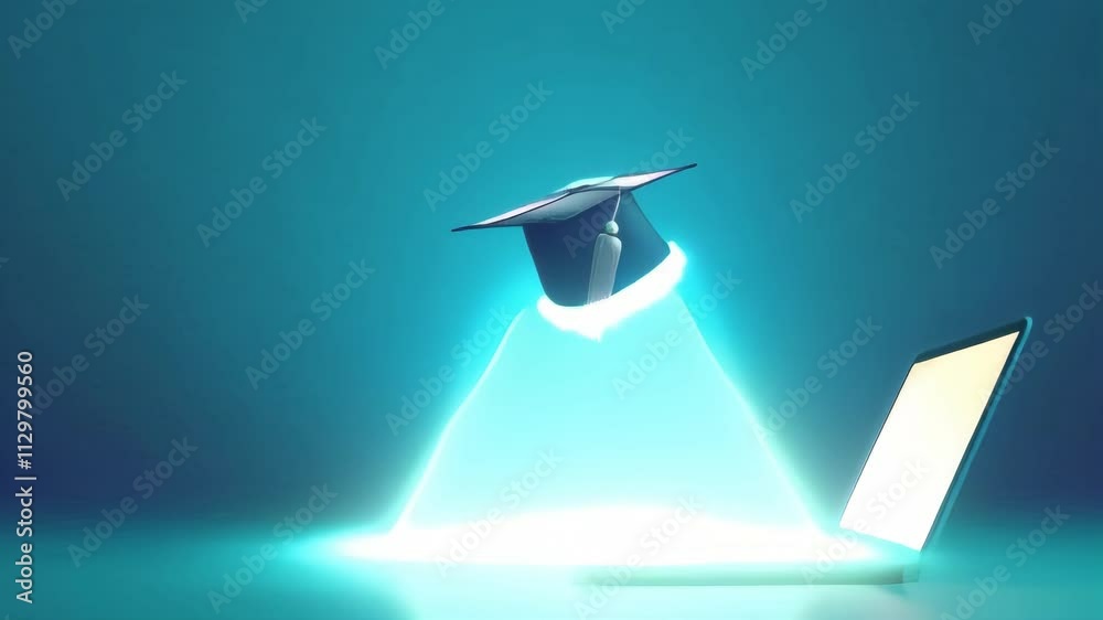 A graduation cap hovers over a laptop, symbolizing online education and achieving academic success in the digital age.. AI Generation