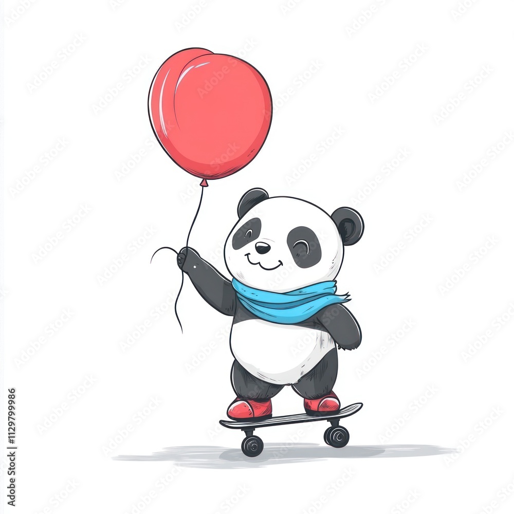 Cute panda skateboarding with a red balloon. Cute panda skateboarding with a red balloon.