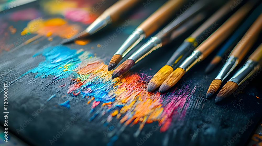 Fototapeta premium A vibrant array of paintbrushes arranged on a colorful palette, showcasing the beauty of artistic expression.