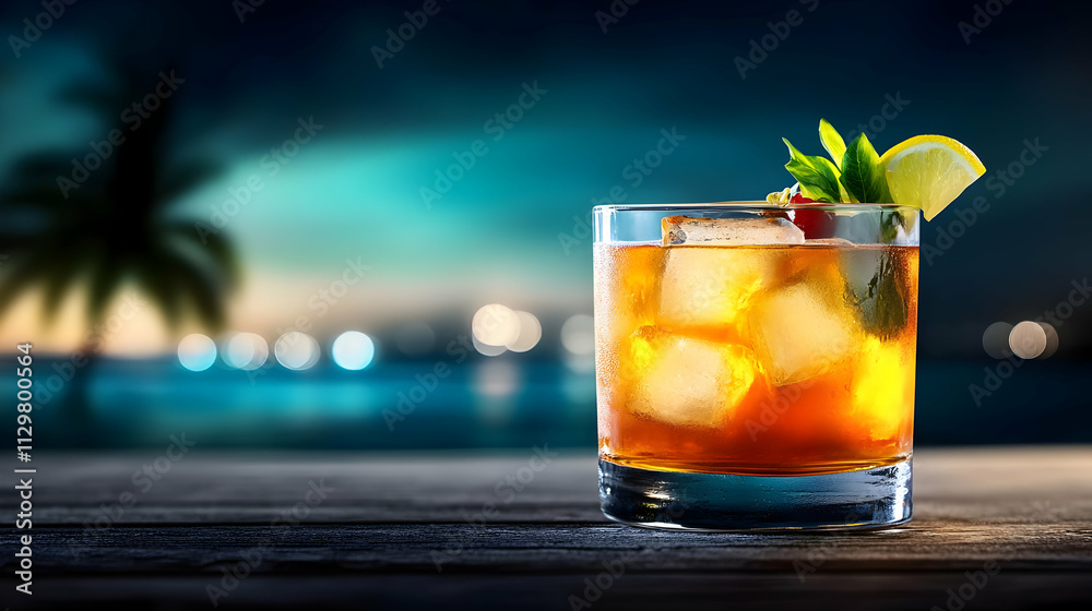A refreshing cocktail with ice and lime garnished, set against a beautiful ocean backdrop at dusk. A refreshing cocktail with ice and lime garnished, set against a beautiful ocean backdrop at dusk.