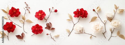 Red and white flowers arranged on white background. photo