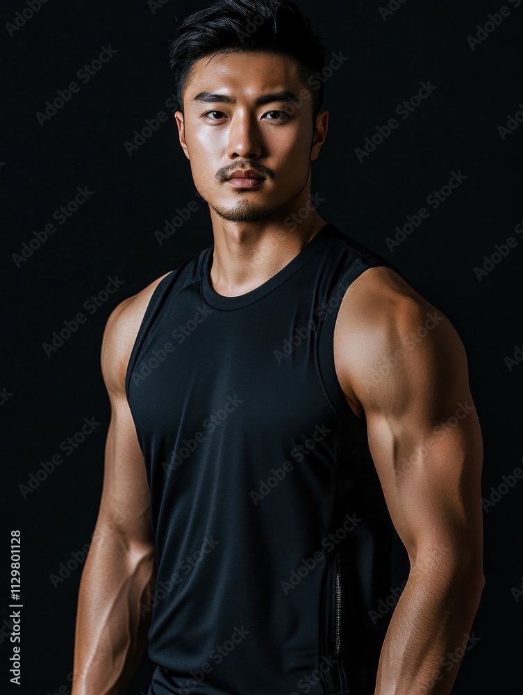 Gym trainer Asian man wearing sportwear on black background Gym trainer Asian man wearing sportwear on black background