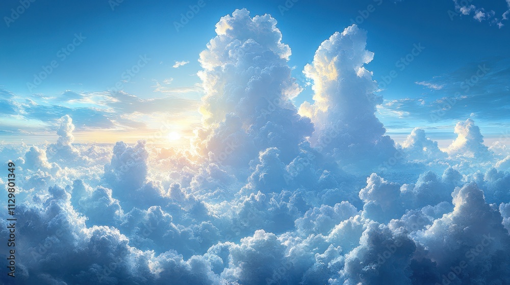 Sunny Day with Fluffy Clouds and Blue Sky in Watercolor Style Sunny Day with Fluffy Clouds and Blue Sky in Watercolor Style