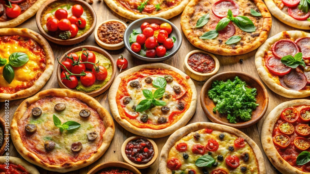 Overhead tilt-shift captures a delicious array of Italian pizzas, showcasing their vibrant toppings.