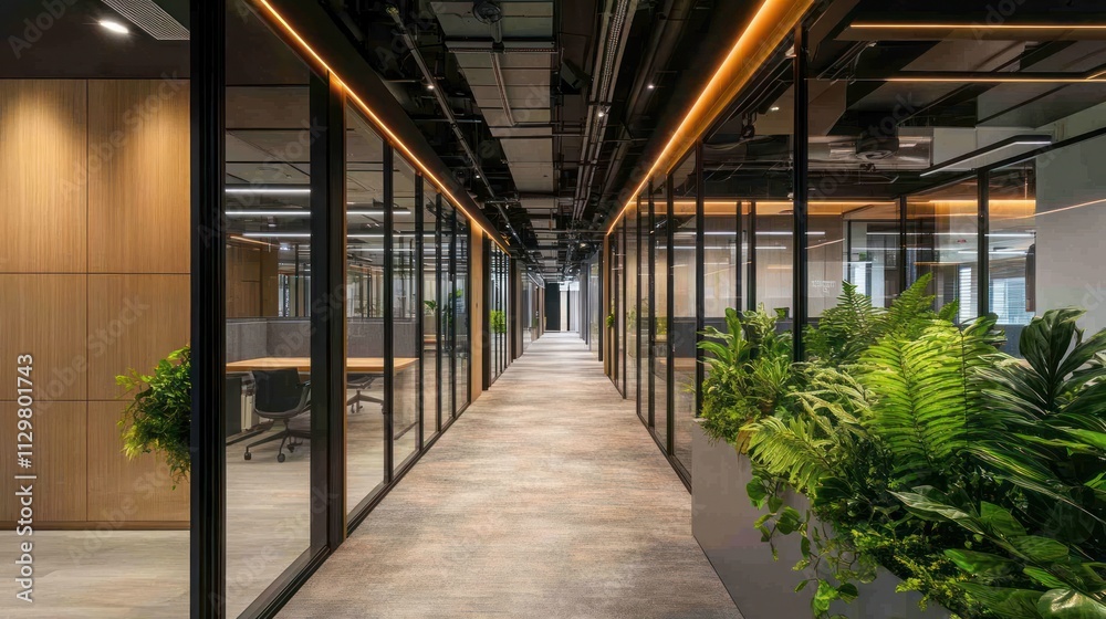 Modern office corridor with greenery and glass walls Modern office corridor with greenery and glass walls