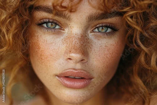 Keratin Treatment and Shine in Studio Portrait of Woman with Long Curly Hair and Natural Makeup