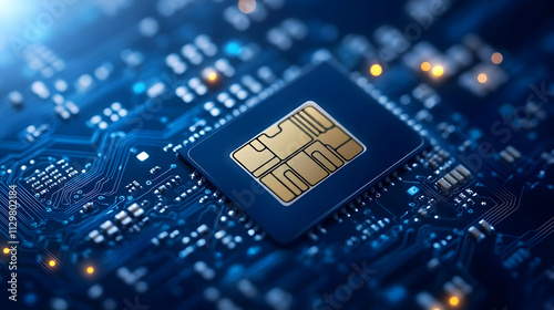 Close-up of a microchip with a gold SIM card embedded on a blue circuit board, symbolizing advanced technology.