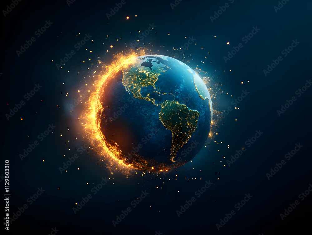 Fototapeta premium A vibrant depiction of Earth surrounded by fiery flames, symbolizing urgency in environmental protection.