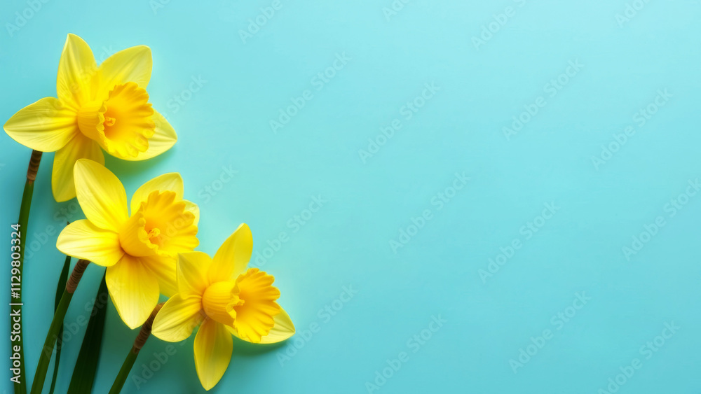 Fototapeta premium spring flowers, bouquet of yellow daffodils on light blue background