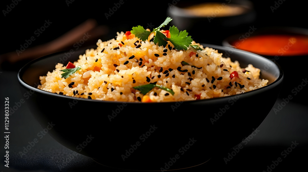 Delicious bowl of seasoned rice topped with fresh herbs, showcasing vibrant colors and textures, perfect for meals. Delicious bowl of seasoned rice topped with fresh herbs, showcasing vibrant colors and textures, perfect for meals.