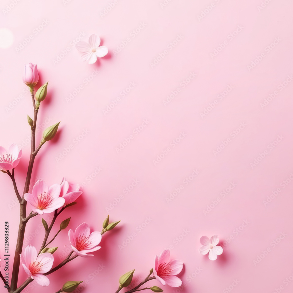 Fototapeta premium branch of blooming pink sakura on light magenta background with empty space for text