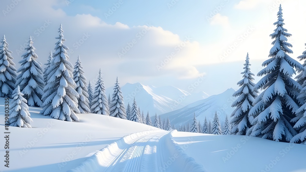 Naklejka premium Serene winter wonderland with snowy pine trees and mountains in tranquil landscape