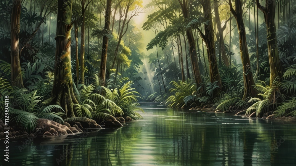 Obraz premium Serene Jungle River Scene Tranquil Forest Waterway