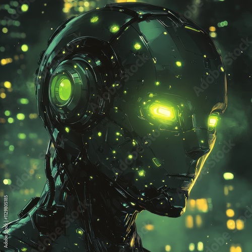 futuristic robot head design with sleek metallic textures and glowing green accents in retro comic book style photo