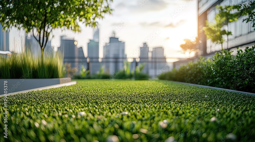 Rooftop garden with artificial turf, lush greenery, and cityscape background at sunset. Rooftop garden with artificial turf, lush greenery, and cityscape background at sunset.