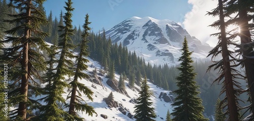A fast-moving avalanche chute tears through a dense thicket of trees on the slopes of Mount Rainier's rugged summit , nature landscape, slopes, dense thicket