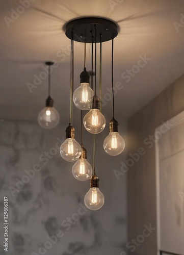 A light fixture with multiple light bulbs of varying colors suspended from the ceiling, pendant light, whimsical, stylish
