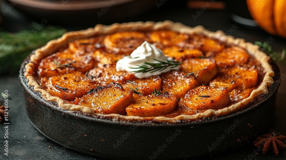 Festive Pumpkin Pie for Thanksgiving Dinner, Luxuriously Topped with Whipped Cream Festive Pumpkin Pie for Thanksgiving Dinner, Luxuriously Topped with Whipped Cream