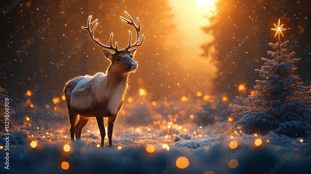 Whimsical Christmas Banner: A Reindeer in a Starry Snowy Forest with Festive Trees and Copy Space Whimsical Christmas Banner: A Reindeer in a Starry Snowy Forest with Festive Trees and Copy Space