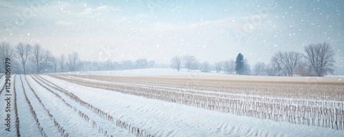 Snowy field stretches under light snowfall. Dry stalks of plants stand in rows. Bare trees stand in distance. Winter scene. Peaceful landscape. Nature at calmest. Inspiring winter beauty. Winter photo