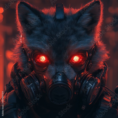 Futuristic Cyberpunk Wolf Mask Illustration with Metallic Spikes and Gas Mask photo