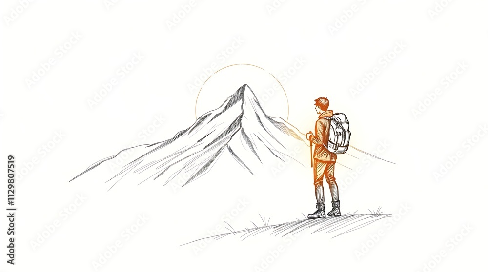 Fototapeta premium Hiker standing on a mountain peak at sunrise, gazing at a majestic snow-capped summit in the distance. Stunning landscape with golden sunlight, perfect for adventure and exploration themes.