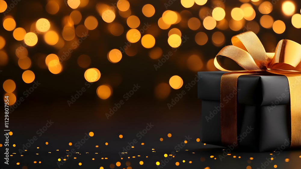 Elegant black gift box with a golden bow, surrounded by shimmering bokeh lights, ideal for celebrations and occasions. Elegant black gift box with a golden bow, surrounded by shimmering bokeh lights, ideal for celebrations and occasions.