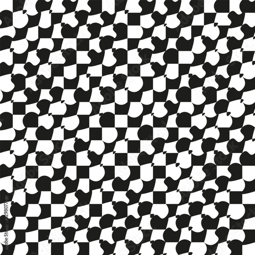 Abstract checkered pattern with curved shapes. Seamless black and white design. Modern geometric concept for wallpaper and textile.