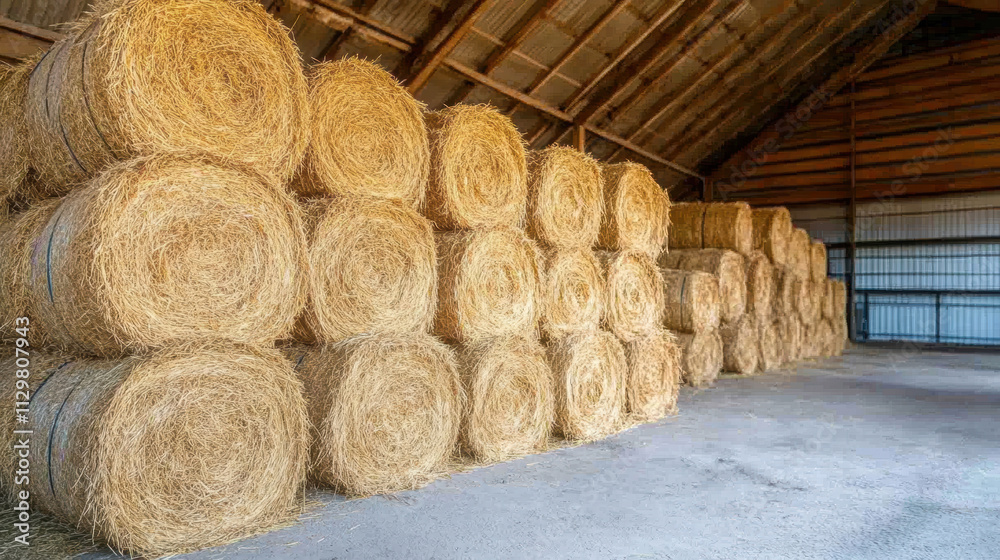 Neatly stacked straw bales in rustic barn interior create warm, inviting atmosphere Neatly stacked straw bales in rustic barn interior create warm, inviting atmosphere