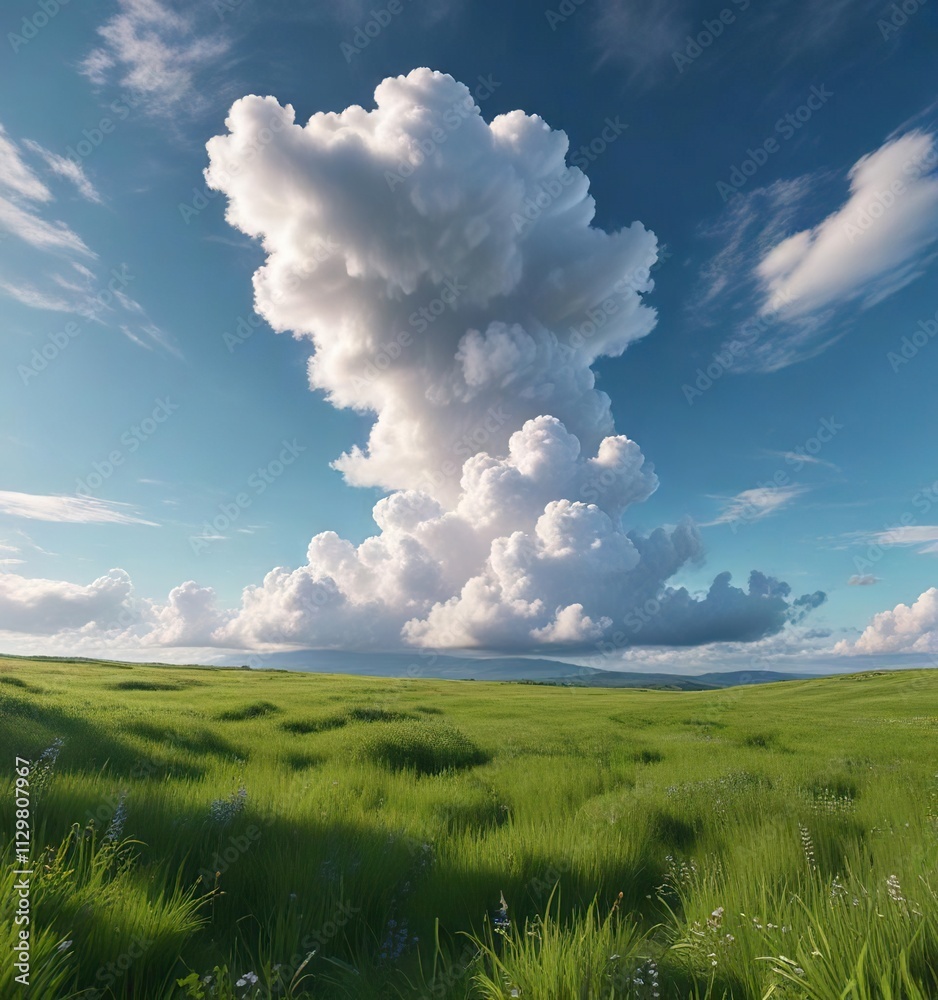A single cumulus cloud floats above a lush green meadow amidst a clear summer sky , green, cloud, bright A single cumulus cloud floats above a lush green meadow amidst a clear summer sky , green, cloud, bright