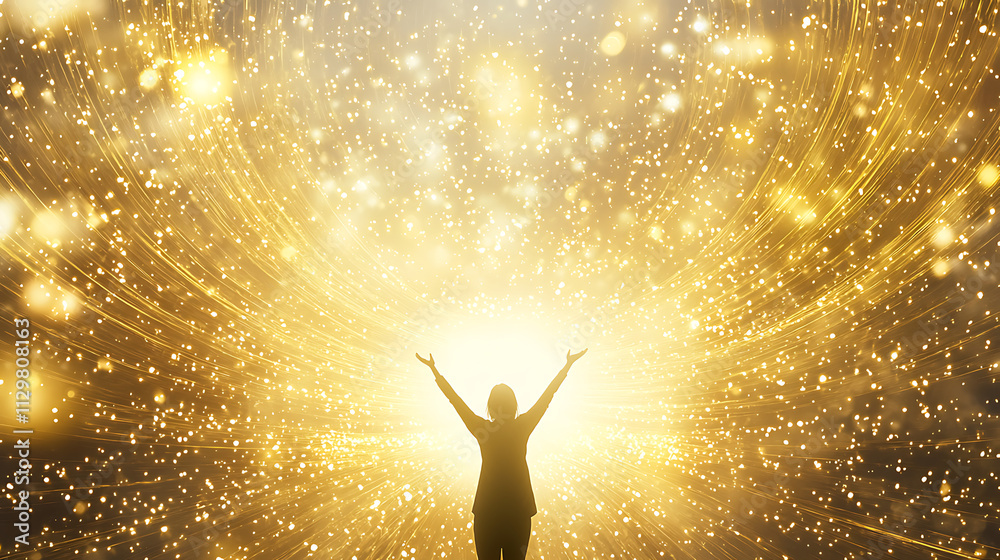 A woman is standing in a golden light, surrounded by a lot of sparkles A woman is standing in a golden light, surrounded by a lot of sparkles