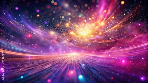 Psychedelic pink-purple nebula glows, cosmic dust swirling in long-exposure abstract art.