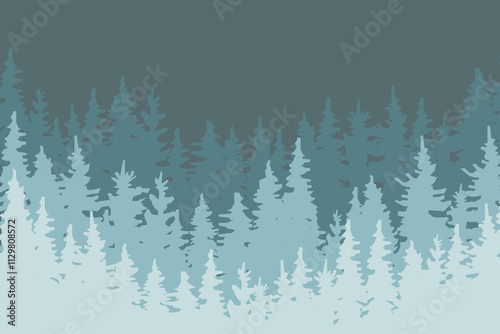 Gradient forest layers. Evergreen tree silhouettes. Blue nature background. Calm vector scene.