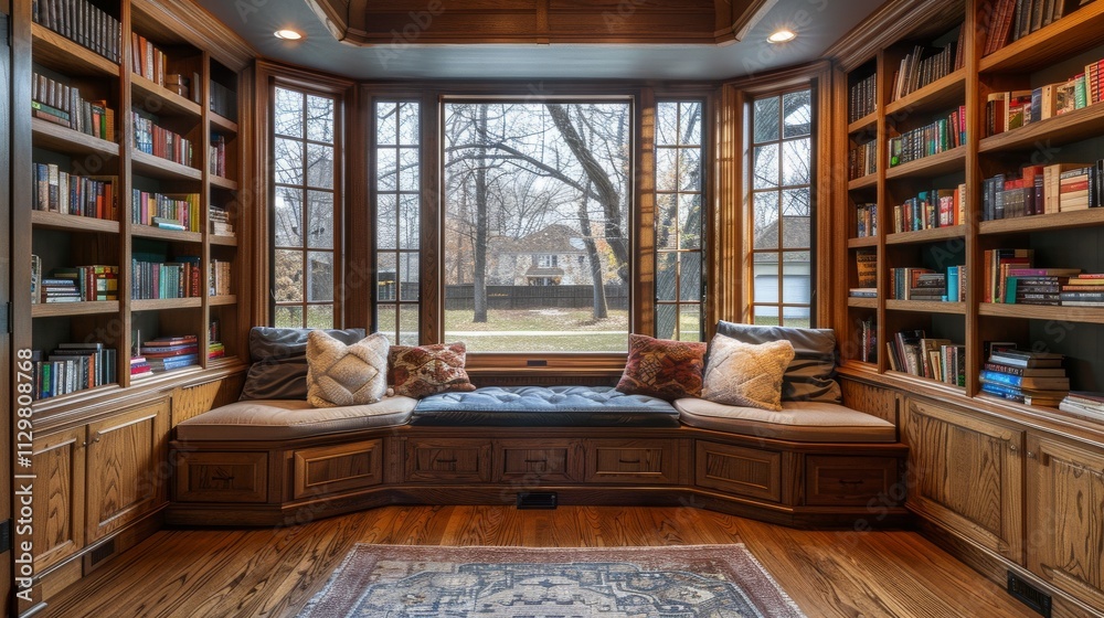 A home library with built-in wooden shelves, a large bay window