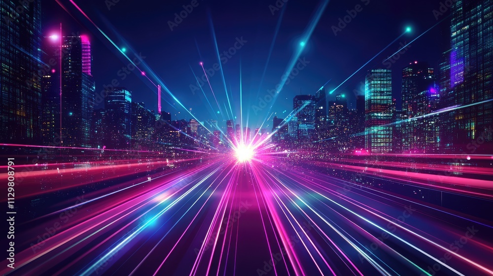 Night city and speed lines background. Effect motion lines for comic book and manga. Radial rays from center of frame with effect explosion. Template for design. Vector Night city and speed lines background. Effect motion lines for comic book and manga. Radial rays from center of frame with effect explosion. Template for design. Vector
