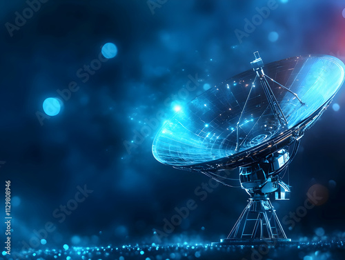 Futuristic satellite dish technology with glowing blue particles in a cosmic background. Ideal for tech themes.