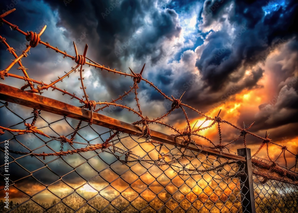 Razor wire, dark clouds, and imposing prison walls loom, a stark, metallic landscape of confinement. Razor wire, dark clouds, and imposing prison walls loom, a stark, metallic landscape of confinement.