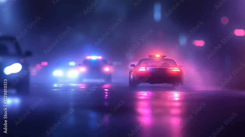 Night Patrol Drama: Fog-Enveloped Police Car Chase - Blurred Background Night Patrol Drama: Fog-Enveloped Police Car Chase - Blurred Background