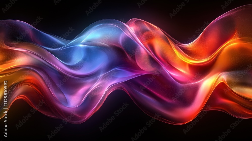 Iridescent Abstract Background Design 3D Render with Fluid Glass Curves Reflecting Vibrant Colors