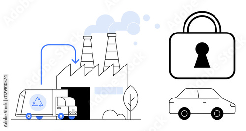 Recycling truck unloading at factory, padlock symbol, and car outline emphasize recycling, security, and sustainability. Ideal for environmental conservation, industrial safety, eco-friendly