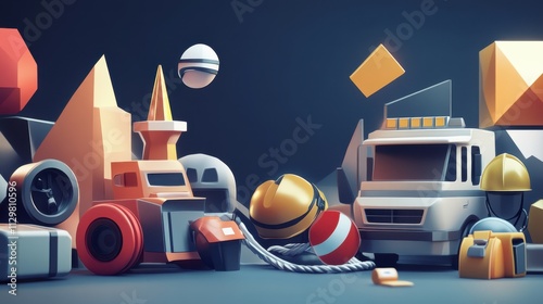 Low Poly 3D Render of Construction Scene with Trucks, Helmets and Geometric Shapes photo