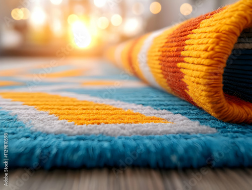 Vibrant woven rug rolls out on a wooden floor, adding warmth and color to indoor spaces. photo