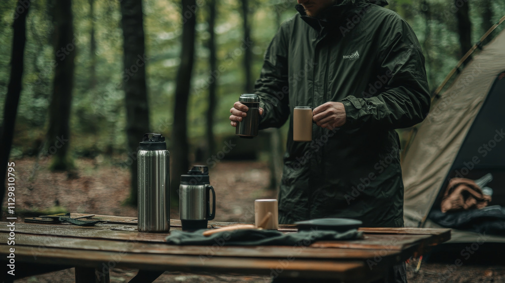 person enjoying hot drink in serene camping setting person enjoying hot drink in serene camping setting
